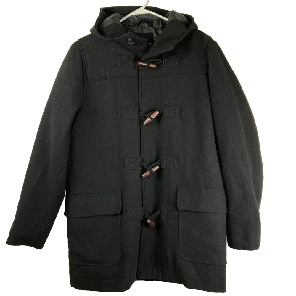 NWT Gap Womens‎ Sz S Wool Duffle Coat W/ Hood Toggle Buttons Black Pea Coat